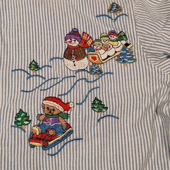 VTG Denim Winter Christmas Snowman Bear Embroidered Button‎ Up Shirt Sz S 90s - Picture 3 of 8